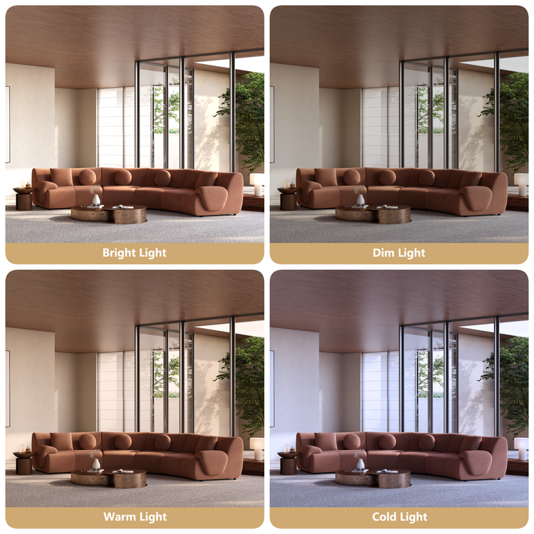 Four panels compare a curved brown sectional sofa in the same living room under lighting labeled Bright Light, Dim Light, Warm Light and Cold Light.