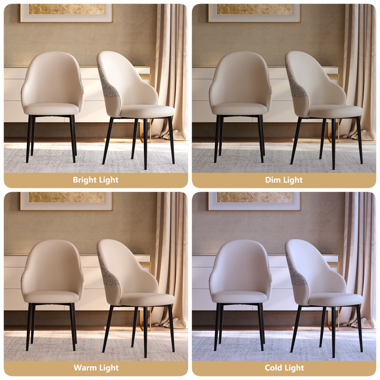 2 Pack Minimalist Cream PU Leather & Chenille Mixed Dining Chairs with Tall Back & Pencil Legs