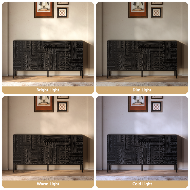Aparador de teca negra de 70", mueble buffet de 4 puertas con tallado geométrico Tabwa