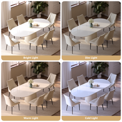 Four-panel comparison of a dining room with an oval table and six chairs under bright, dim, warm, and cool lighting.