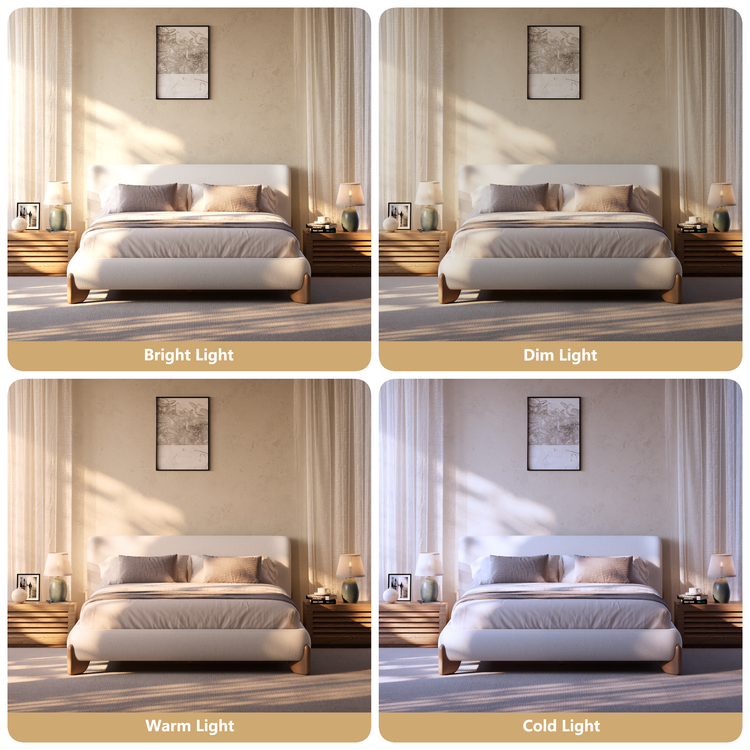 Solid Wood Leg Upholstered Bed, Queen Size Wingback Frame - Beige
