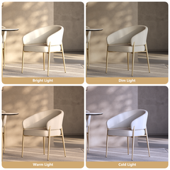 White upholstered chair shown under bright, dim, warm, and cold light.