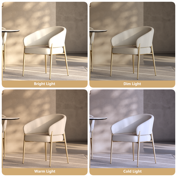 White upholstered chair shown under bright, dim, warm, and cold light.