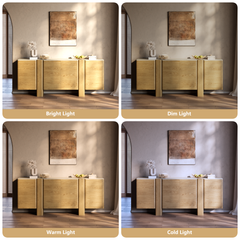 Wood sideboard shown under bright, dim, warm, and cold lighting.