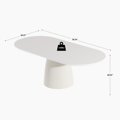 Diagram of a white oval table with a fluted pedestal base, labeled 78.74 inches long, 39.37 inches wide, 29.53 inches high, and 330 lbs.