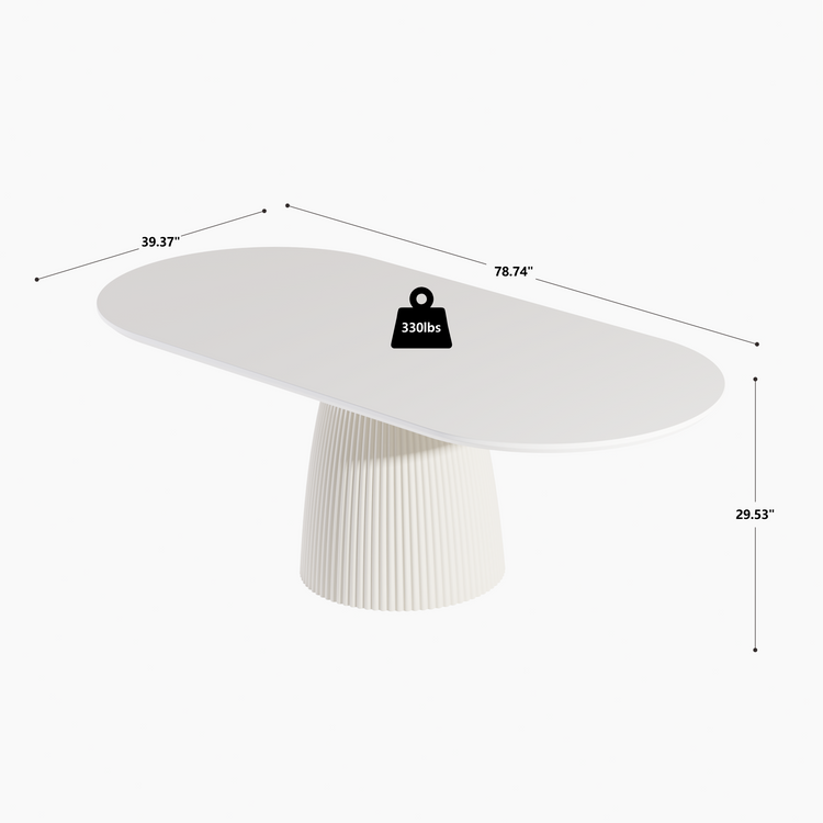 Diagram of a white oval table with a fluted pedestal base, labeled 78.74 inches long, 39.37 inches wide, 29.53 inches high, and 330 lbs.