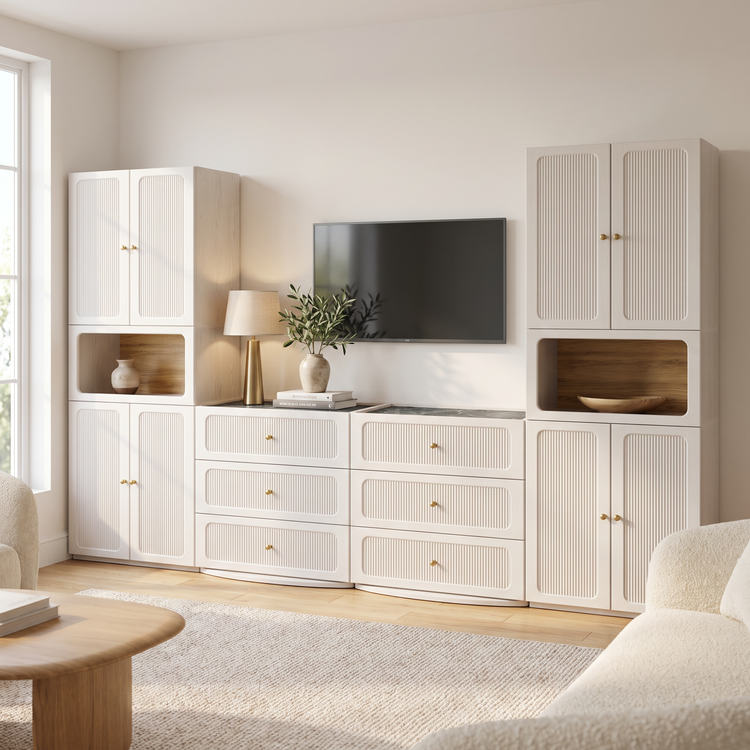 Storage Cabinet System, 126" Modular with Fluted Doors, Drawers & Display Niches, FlexMod Collection