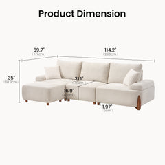 Dimension diagram of a cream sofa with a projecting left section, three back cushions, two throw pillows and brown legs, with measurement lines marking overall dimensions, seat depth, seat height and leg clearance.