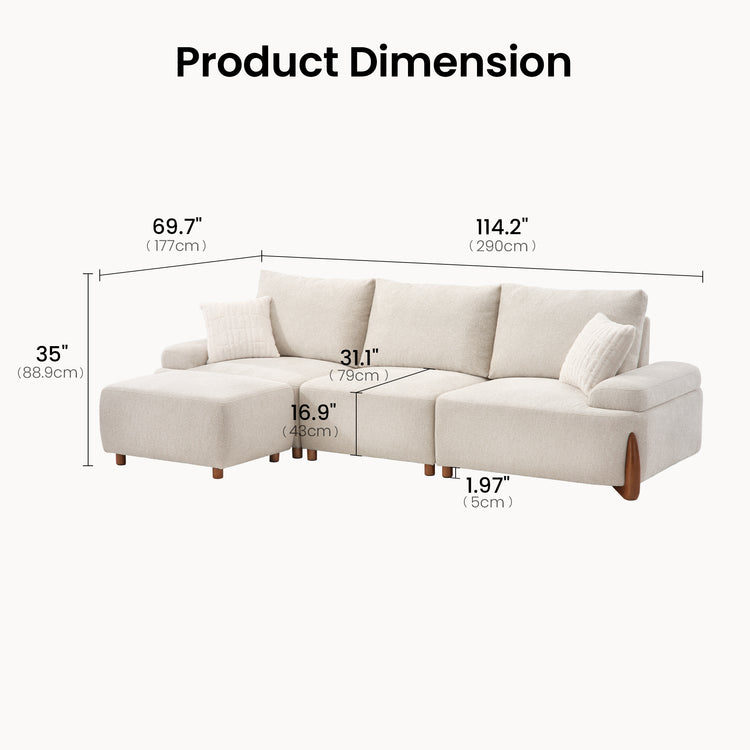 Dimension diagram of a cream sofa with a projecting left section, three back cushions, two throw pillows and brown legs, with measurement lines marking overall dimensions, seat depth, seat height and leg clearance.