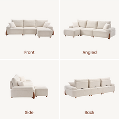 Front, angled, side and back views of a cream sofa with three back cushions, two throw pillows, padded arms, short brown legs and a matching ottoman.