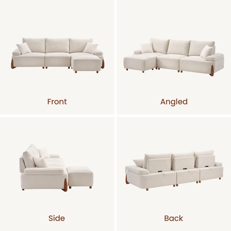 Front, angled, side and back views of a cream sofa with three back cushions, two throw pillows, padded arms, short brown legs and a matching ottoman.