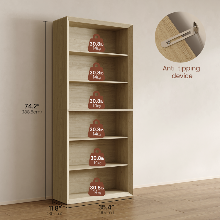 Bookcase height is 74.2 in, width is 35.4 in, and depth is 11.8 in