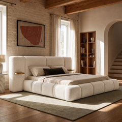 A cream upholstered bed with a tall segmented headboard sits beneath a framed abstract artwork in a sunlit bedroom with exposed brick, wood ceiling beams, and built-in shelves.