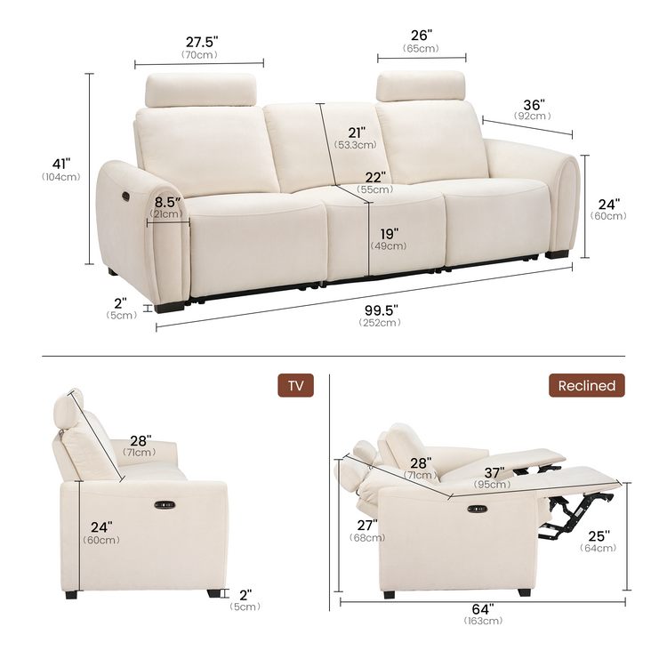 [Preventa] Sofá de 3 plazas de 103" con reclinación gravedad cero, reposacabezas ajustable y USB-C – Covea, beige