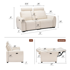 Dimension diagram of a cream two-seat reclining sofa with adjustable headrests, showing front and side views in upright and reclined positions, with measurements in inches and centimeters.