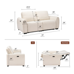 Dimension diagram of a cream two-seat reclining sofa, shown upright and reclined, with a 72-inch width, 34-inch height, 36-inch depth and 59-inch reclined length.