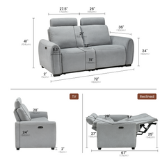 Dimension diagram of a light gray two-seat reclining sofa, with a front view and side views showing upright and fully reclined positions with extended footrests.