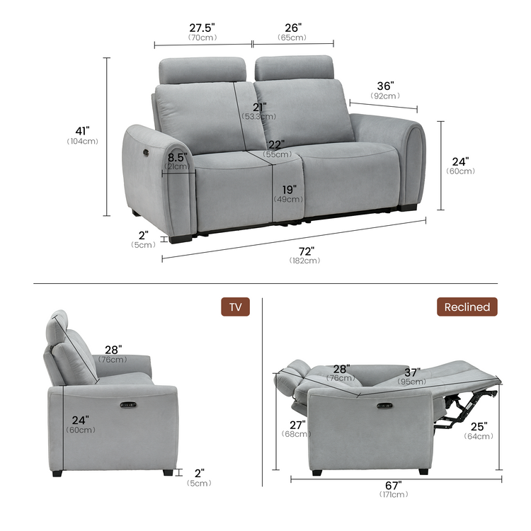 Dimension diagram of a light gray two-seat reclining sofa, with a front view and side views showing upright and fully reclined positions with extended footrests.