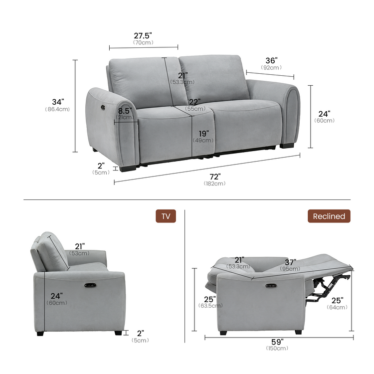 Dimension diagram of a light gray two-seat reclining sofa, showing front and side views in upright and reclined positions, with measurements in inches and centimeters.