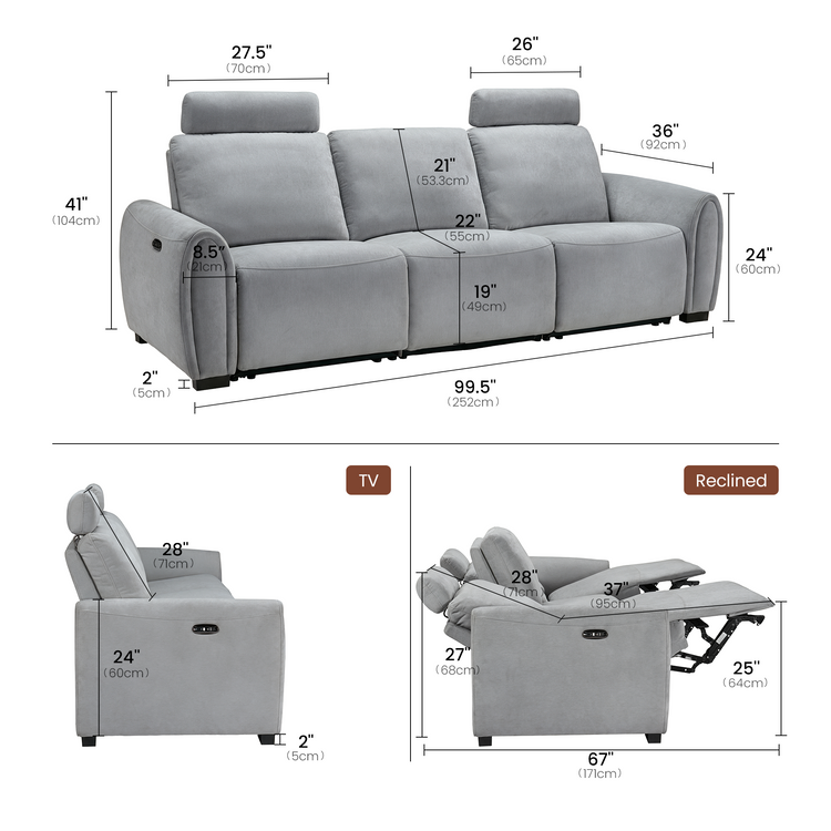 [Pre-Sale] 103" 3-Seater Sofa Zero-Gravity Reclining with Adjustable Headrest & USB-C – Covea, Gray