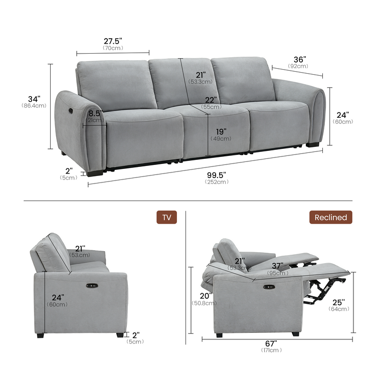 [Pre-Sale] 103" 3-Seater Sofa Zero-Gravity Reclining with USB-C & Child Lock – Covea, Gray