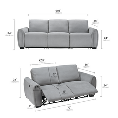 Dimension diagram showing a gray three-seat reclining sofa from front and angled views, with labeled overall, seat, and recliner measurements.