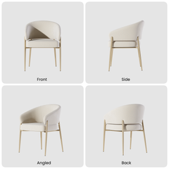 Cream upholstered armchair with gold-tone legs, shown from four angles.