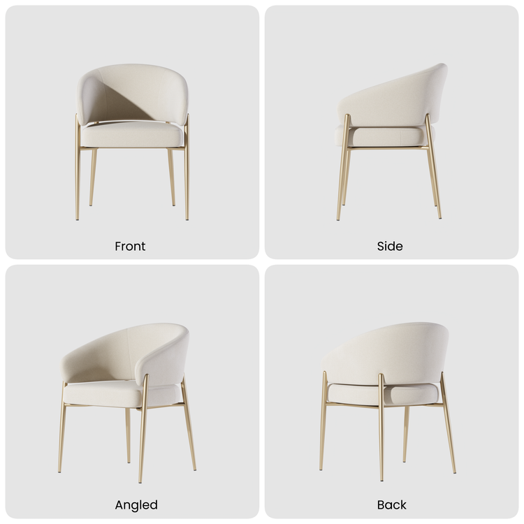 Cream upholstered armchair with gold-tone legs, shown from four angles.