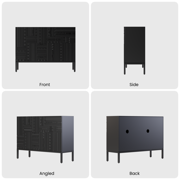 47.24" Black Teak Sideboard, Tabwa Geometric Carved 3-Door Buffet Cabinet