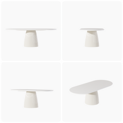 Four views of a pale table with a broad, rounded top and a tapered, vertically ribbed pedestal base.
