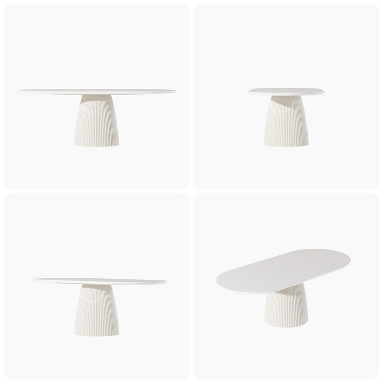Four views of a pale table with a broad, rounded top and a tapered, vertically ribbed pedestal base.