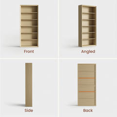 Four views show a tall wood-grain bookcase with six open compartments