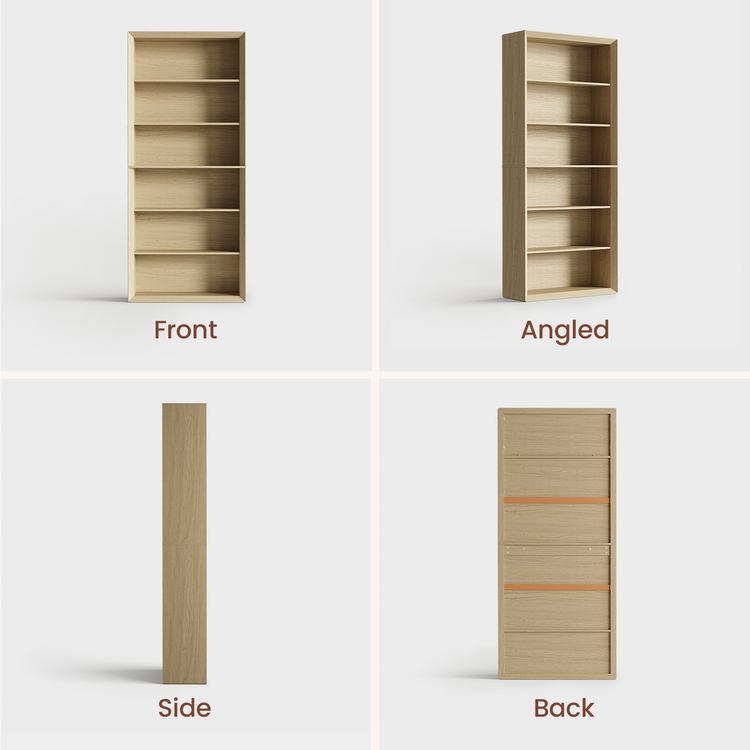 Four views show a tall wood-grain bookcase with six open compartments