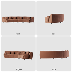 Four views of a curved brown sofa with rounded arms, short dark legs, and round and rectangular cushions, shown from the front, side, angle and back.