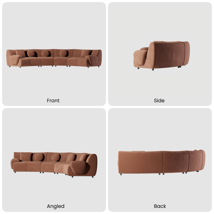 Four views of a curved brown sofa with rounded arms, short dark legs, and round and rectangular cushions, shown from the front, side, angle and back.