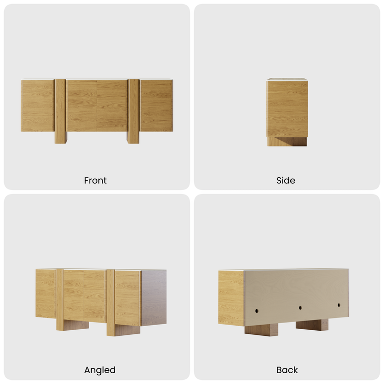 Four labeled views of a light wood sideboard with paneled doors and block legs.