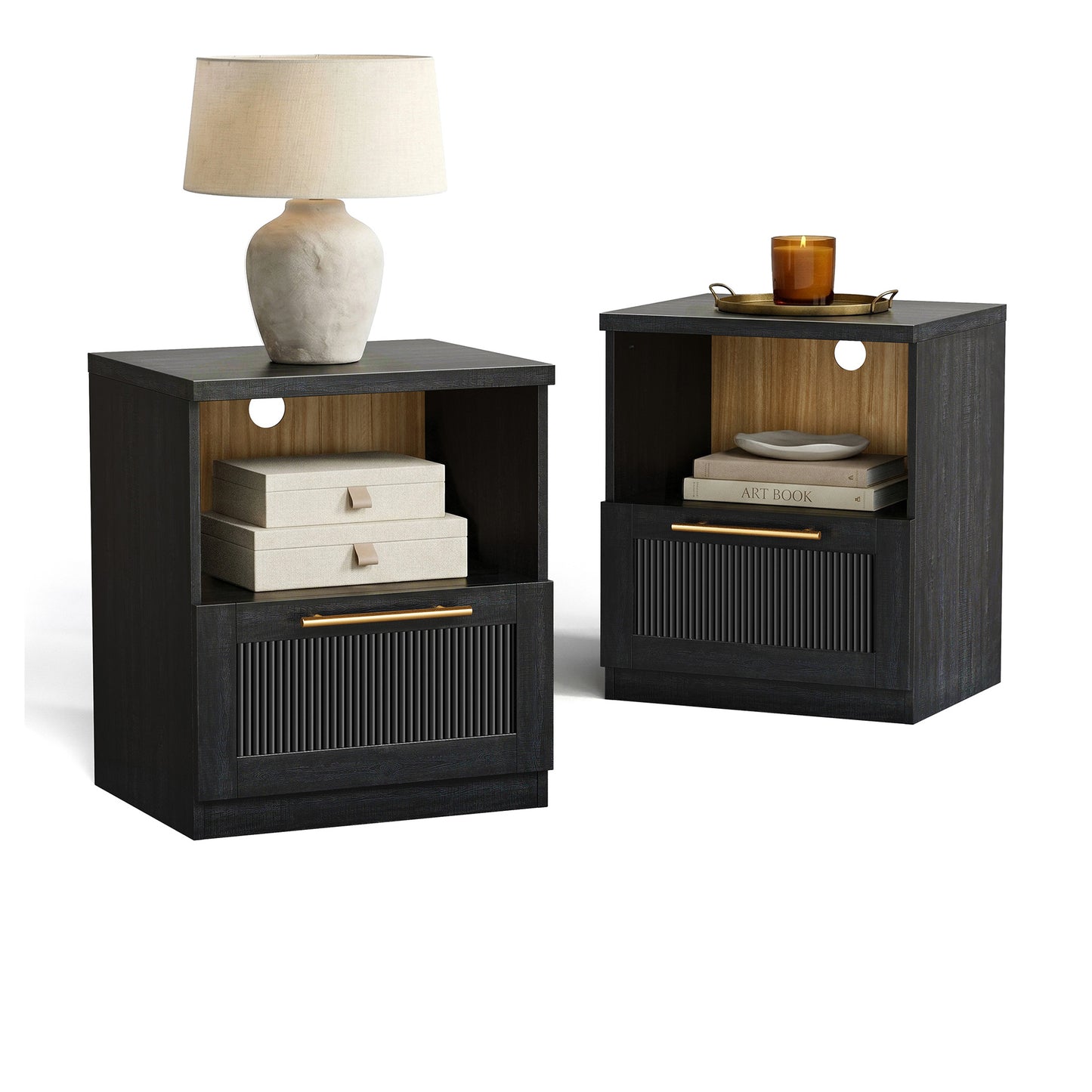 Harmo Block Black Wave-Panel Nightstand,set of 2