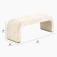 Cream upholstered bench with curved ends and wood feet, shown with dimension lines labeled 51 inches (130 cm) long, 19 inches (48 cm) high, and 18 inches (46 cm) deep.