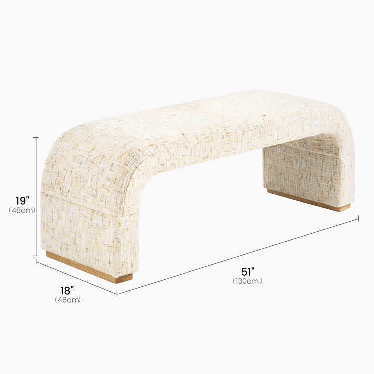 Cream upholstered bench with curved ends and wood feet, shown with dimension lines labeled 51 inches (130 cm) long, 19 inches (48 cm) high, and 18 inches (46 cm) deep.