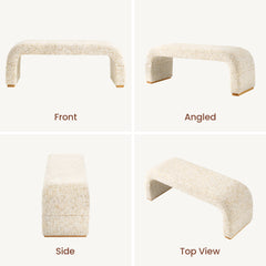 Four views of a cream upholstered bench with a textured beige pattern, rounded corners, broad end supports and thin brown feet, labeled Front, Angled, Side and Top View.