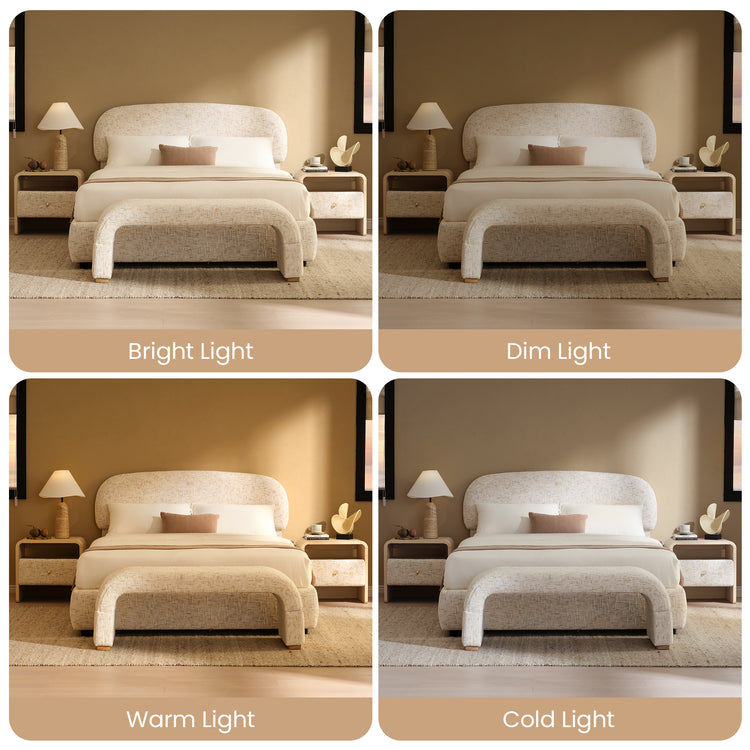 Four views of a bedroom with a cream upholstered bed and curved bench, showing changes in appearance under lighting labeled Bright Light, Dim Light, Warm Light, and Cold Light.