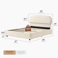 Dimension diagram of a cream upholstered bed frame with a rounded headboard, exposed slats, short dark legs, measurement labels and a 1,000 lb weight symbol.
