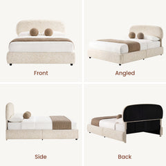 Four views of a cream upholstered bed: front, angled, side, and back, with white bedding, brown cushions and a brown bed runner.