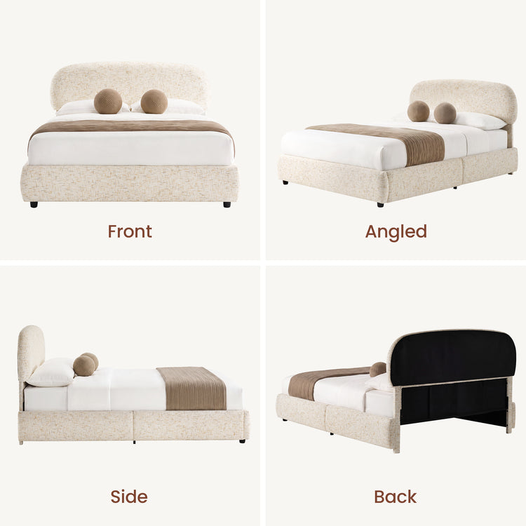 Four views of a cream upholstered bed: front, angled, side, and back, with white bedding, brown cushions and a brown bed runner.