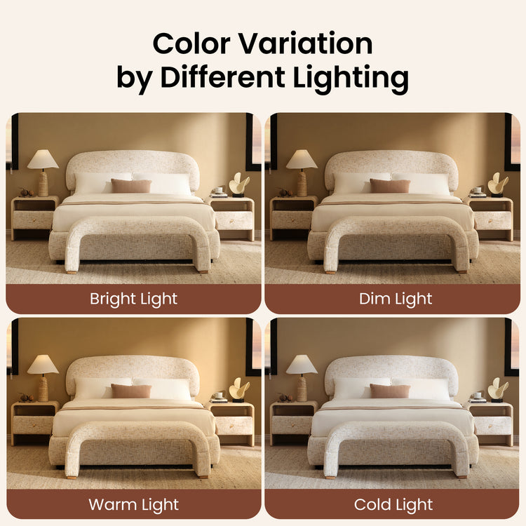 Four-panel comparison showing a cream upholstered bed and curved bench under bright, dim, warm and cold lighting, with warmer beige tones in warm light and paler tones in cold light.
