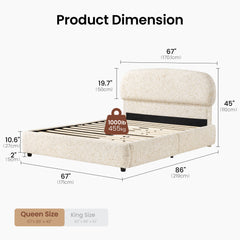 Diagram of an upholstered bed frame with a raised headboard, dimension lines, and a 1,000 lb weight label; shown dimensions include 67 in wide, 86 in long, and 45 in high.