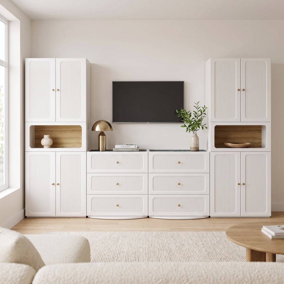 Storage Cabinet System, 126" Modular with Fluted Doors, Drawers & Display Niches, FlexMod Collection