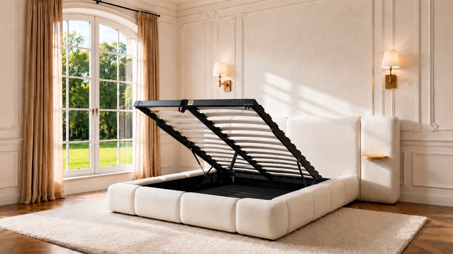 Cloud Cream King Lift-Up Storage Bed Frame with Built-in Nightstands