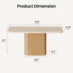 Dimension diagram of a table with a beige rounded rectangular top and a central tan pedestal, with labeled measurements for the top, height and base.