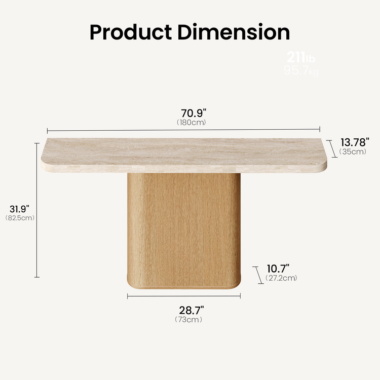 Dimension diagram of a table with a beige rounded rectangular top and a central tan pedestal, with labeled measurements for the top, height and base.